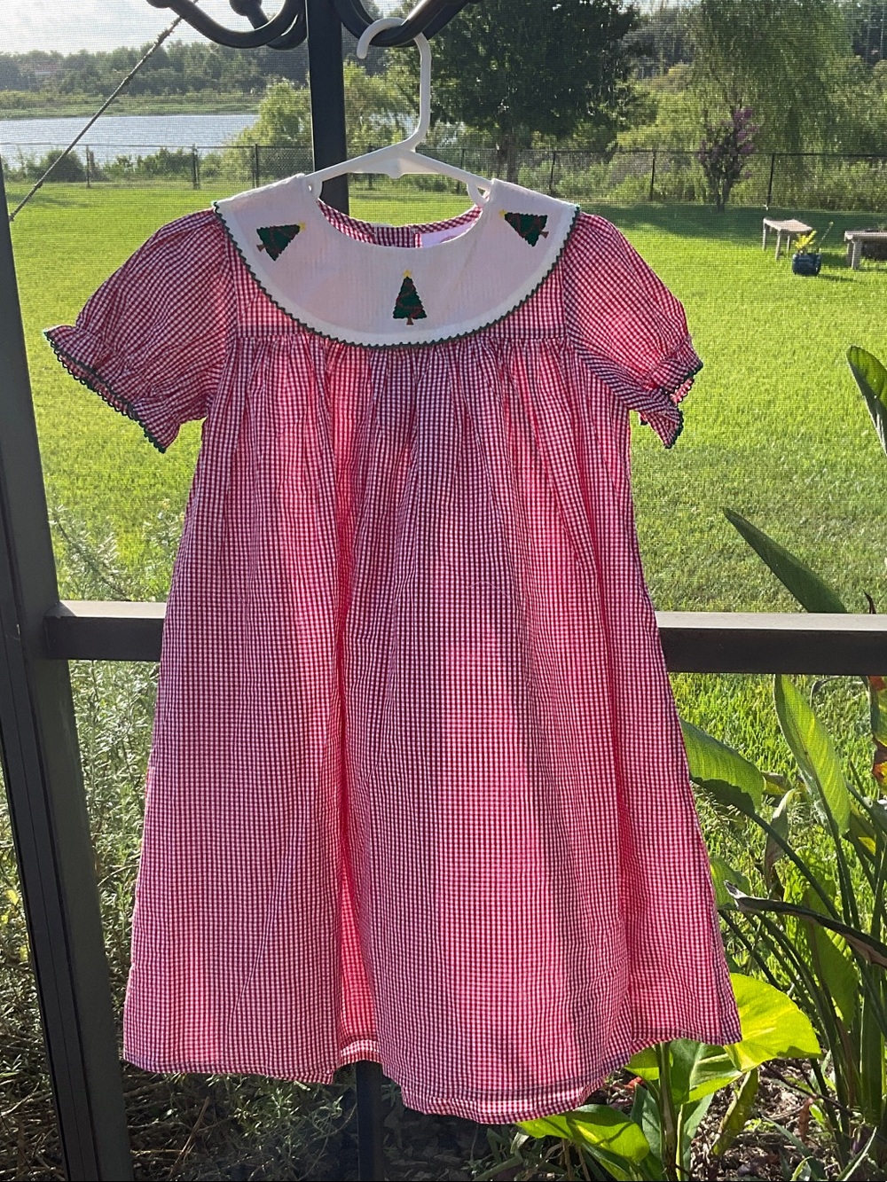 Vintage Cotton Red Gingham Smocked Holiday Dress with White Scallop Collar